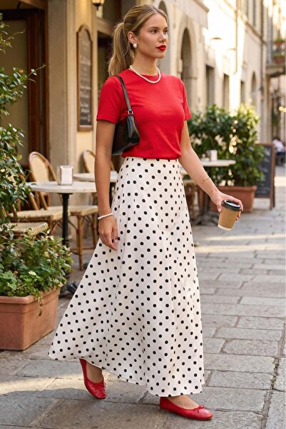 Madmext Λευκή πουά μάξι γυναικεία σατέν φούστα MG2725