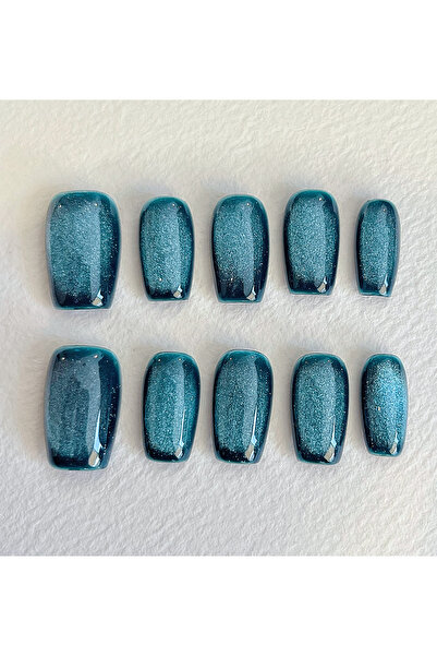 Nailvana Μικρά Χειροποίητα Αυτοκόλλητα Νύχια σε Μεσονύχτιο Τιρκουάζ με Λάμψη