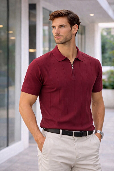 Maccali Men's Striped Claret Red Zippered Polo Knitwear T-Shirt