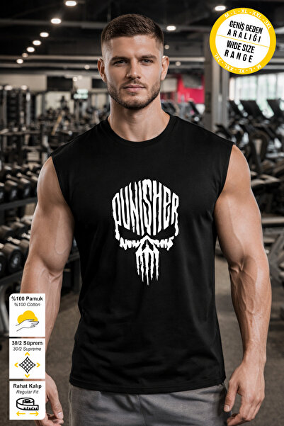 BESSA Black Sportsman's T-Shirt Punisher White Printed Crew Neck Premium Thic...