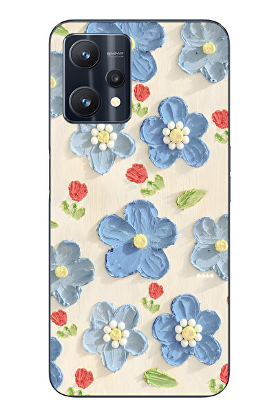 FLAMENKO Realme 9 Pro Uyumlu Mavi Yağlı Boya Çiçek Desenli Şeffaf Telefon Kılıfı