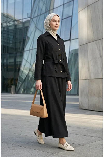 sefamerve Λινό Υφασμάτινο Σετ Φούστα-Σακάκι 0256-07 Μαύρο