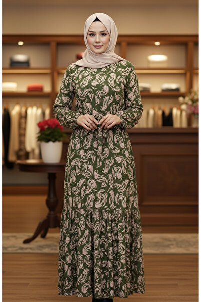 sefamerve Φόρεμα με μοτίβο από βισκόζη και λάστιχο στις μανίκια 2205-03 Χακί