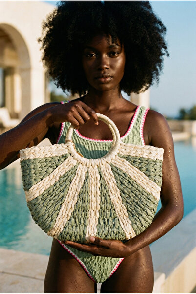 Katia&Bony Γυναικεία Ψάθινη Τσάντα Fan Πράσινη