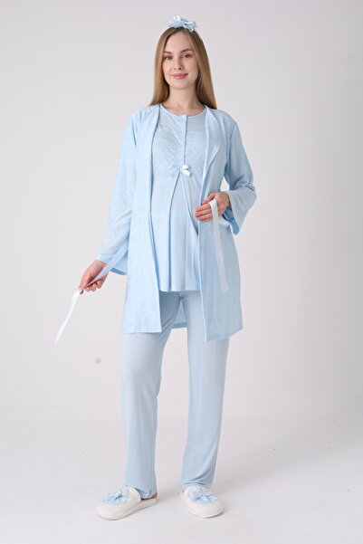 ERDENİZ TEKSTİL Lacy 3-Piece Maternity Pajama Set and Robe Set - Breastfeedin...