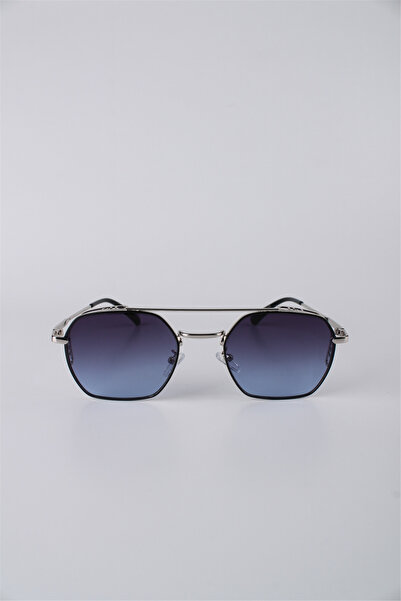 Max Polo Silver Metal Framed Geometric Blue Gradient Glass Unisex Sunglasses ...