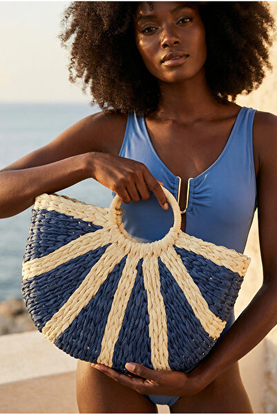 Katia&Bony Γυναικεία Ψάθινη Τσάντα Fan Navy Blue