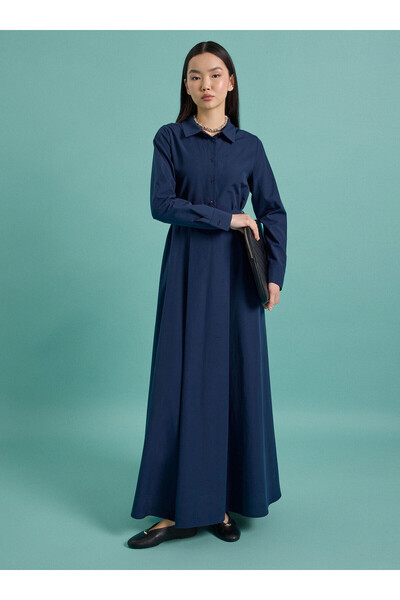 Refka Φόρεμα Τεσεττούρ με Λεπτομέρεια Ζώνης από Ύφασμα Ποπλίνα - Ναυτικό Μπλε -