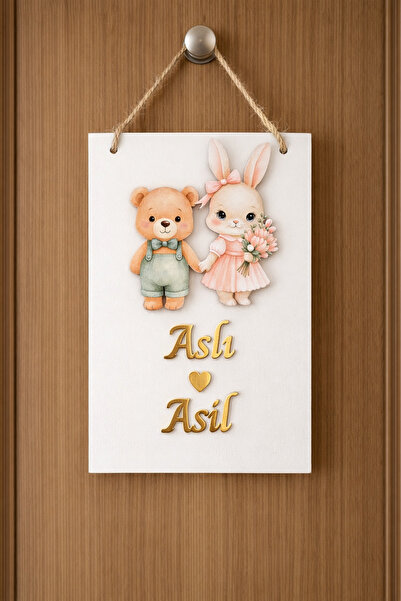 Güler Kaligrafi Kişiye Özel İkiz Kız ve Erkek Bebek Odası Kapı Süsü Tavşan ve...
