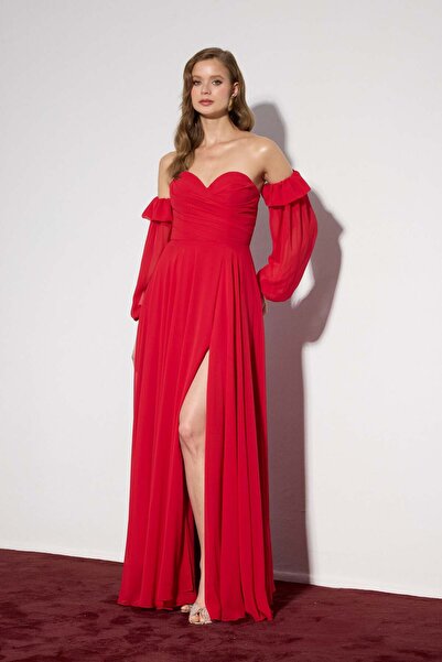 Carmen Red Slit Strapless Chiffon Evening Dress