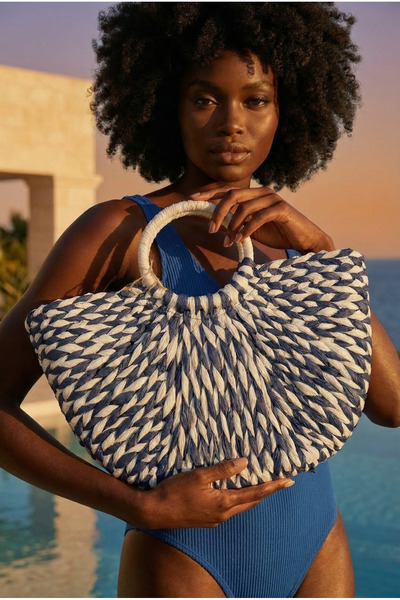 Katia&Bony Γυναικεία Ψάθινη Τσάντα Πλεκτή Βεντάλια Ναυτικό Μπλε