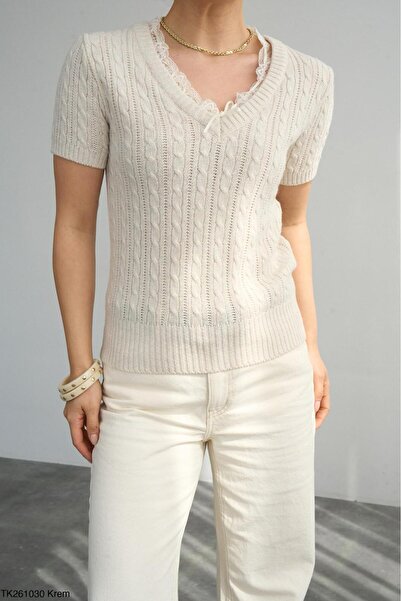 Lupies Women's V-Neck Lace Detailed Knitwear Sweater