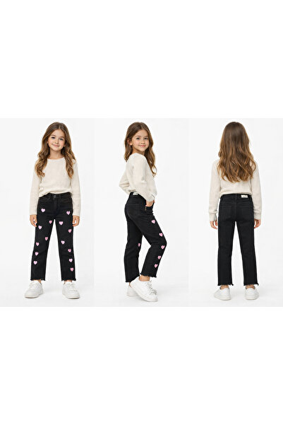 asil butik Kız Çocuk Kalp Nakışlı Mom Jean Pantolon