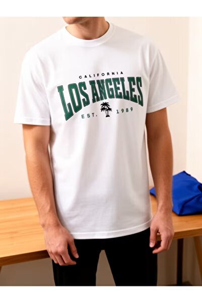 LOTS MODA Ανδρικό Λευκό Μοντέρνο T-Shirt με στάμπα  "Λος Άντζελες ", Casual, ...