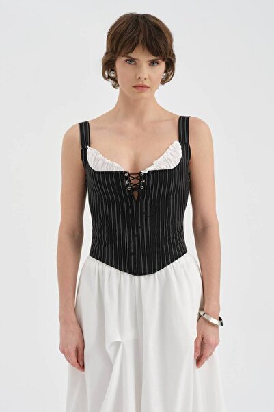 tw3 Γυναικείο ριγέ υφασμάτινο κορσέ μπλούζας με δέσιμο στην πλάτη