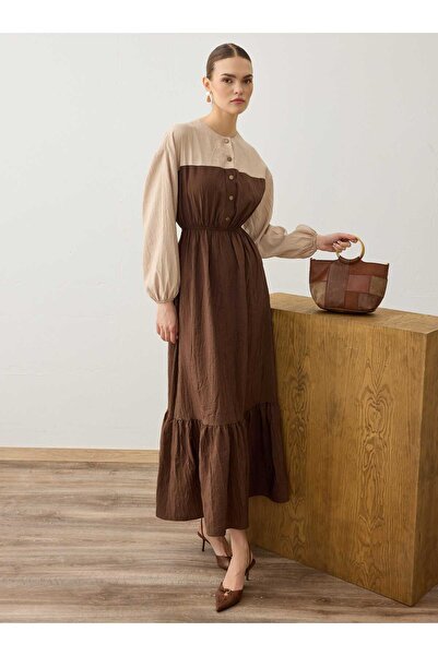 Refka فستان حجاب بتنورة ملونة متباينة الألوان - بيج / بني - - حصري