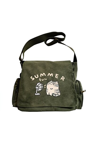 Toum Vintage Καλοκαιρινή Τσάντα Ταχυδρόμου με στάμπα Fu Cat, Unisex, Χακί