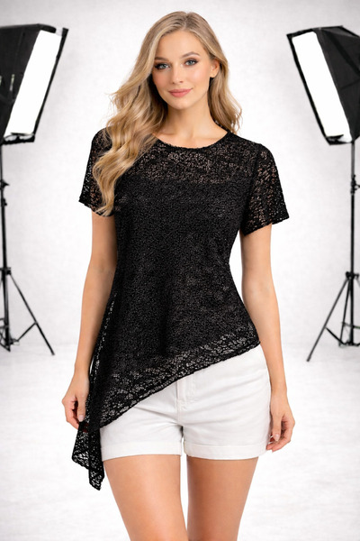 MOONBULL Women's Lace Fabric Asymmetrical Cut Short Sleeve Blouse