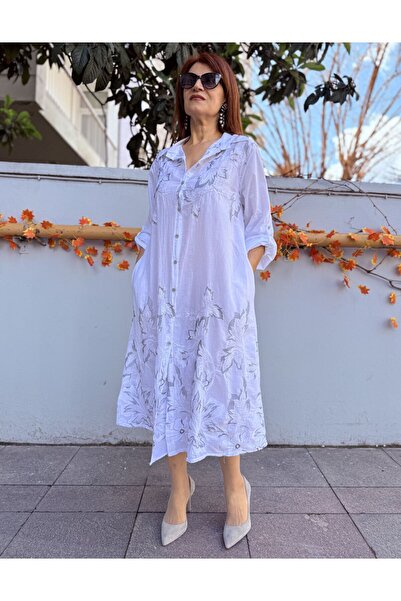 DenizEge Ιταλικό Φόρεμα-Πουκάμισο με Κέντημα από Ασημένια Κλωστή Λευκό