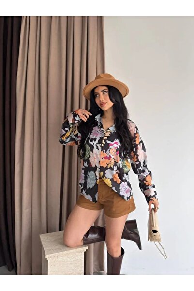 Cool & Sexy Γυναικείο πολύχρωμο σατέν πουκάμισο με φλοράλ σχέδια