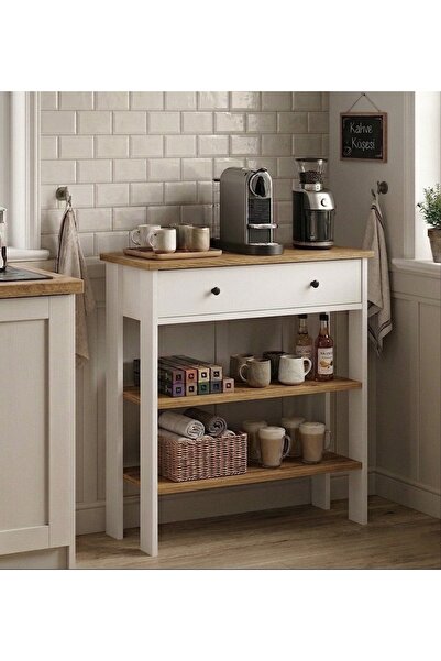 MANDOSİ 70 Cm Çekmeceli Kahve Köşesi Çok Amaçlı Dolap Mat Beyaz Meşe