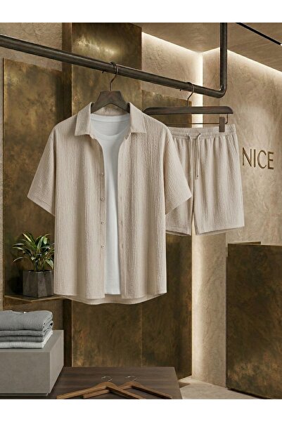 NİCE طقم ملابس صيفية مريحة من القماش للرجال - طقم قميص وشورت
