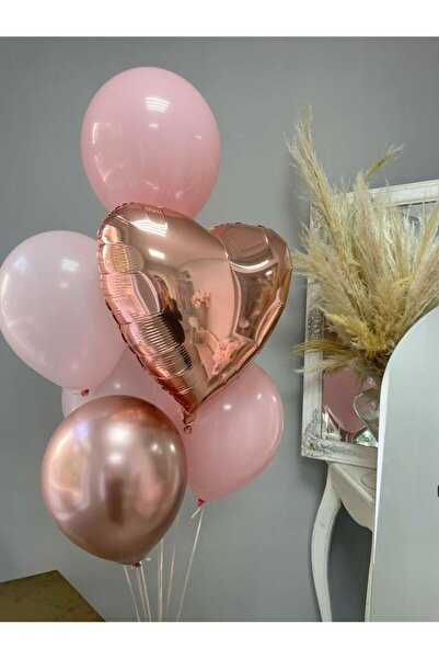 Parti Zamanı Rose Gold Kalp Folyo Balonlu Pudra Pembe Lüks Balon Buketi