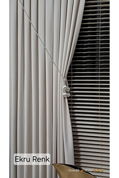 venedik home Κουρτίνα φόντου από λινό σε χρώμα εκρού Milas 1x3 με σφιχτές πιέ...