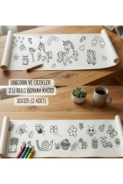 Kosinüs Reklam Rulo Boyama Kağıdı-Unicorn&Çiçekler 2 li Set