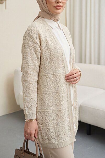 Modamorfo Square Patterned Openwork Casual Knitwear Cardigan -Stone