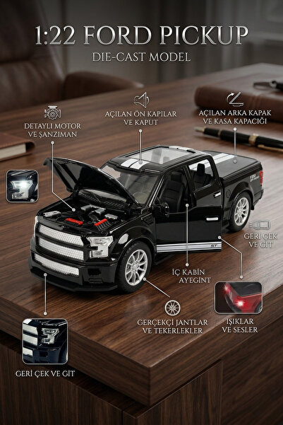 craftivio 1:22 Ölçek Metal Ford Pickup Model Araba - Sesli, Işıklı ve Çek Bır...