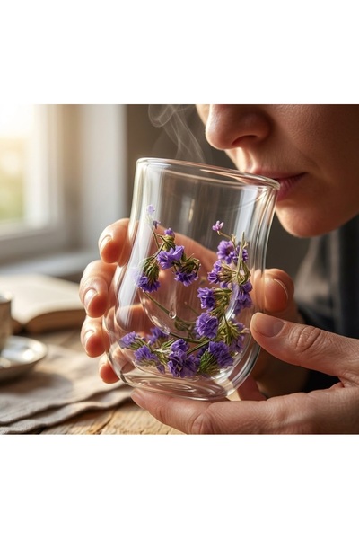 Kuzey Tacı Lale Formlu Çift Camlı Borosilikat Bardak Kurutulmuş Çiçekli, Isı ...