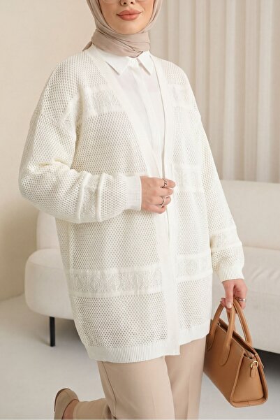 Modamorfo Patterned Openwork Knitwear Cardigan -Ecru