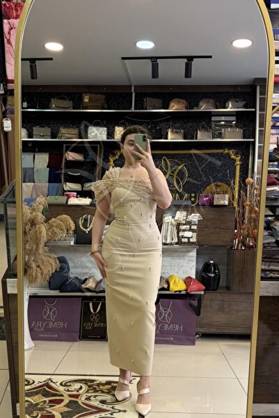 HUMEYRA Shoulder Ribbed Pearl Midi Evening Dress