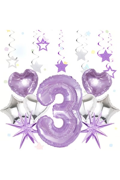 DÜVENCİ TİCARET Σετ μπαλόνια για πάρτι γενεθλίων με μωβ αριθμούς, αστερία, κα...