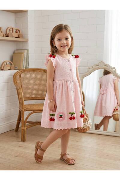 ARBİ kids Κοριτσίστικο φόρεμα με απλικέ κεράσια, σε ροζ απόχρωση πούδρας, με ...