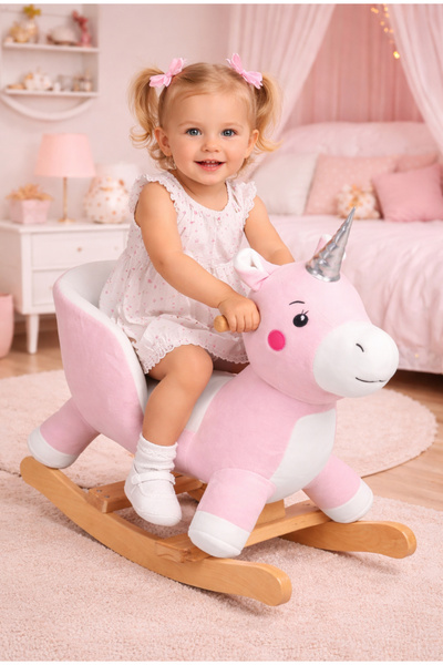 CERTIVA Kids Eğitici Sallanan Unicorn Ahşap Tabanlı Peluş , Kemerli, Denge Ge...