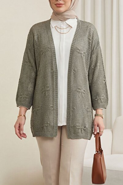 Modamorfo Bow Patterned Openwork Knitwear Cardigan -Khaki