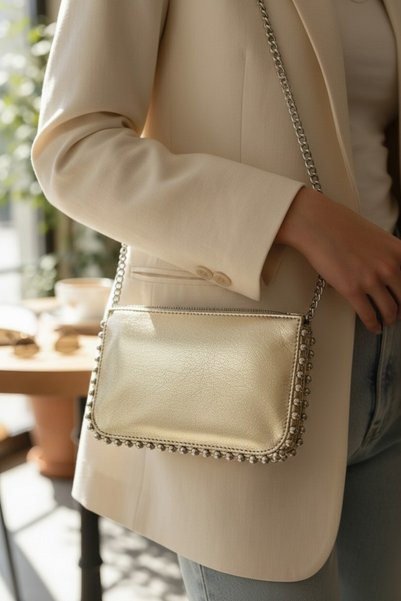 Classbag Women's Gold, Bead Detailed Chain Strap Cross Shoulder Bag