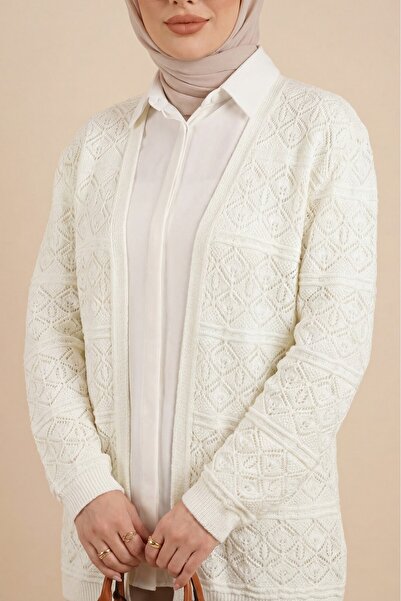 Modamorfo Square Patterned Openwork Casual Knitwear Cardigan -White