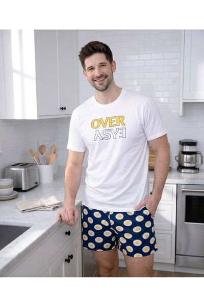 Pelife Underwear Premium Pamuklu Şortlu Pijama Takımı | Mavi-Sarı-Beyaz-Baskı...