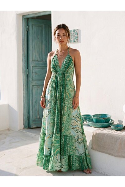 laviyonsa Ethnic Pattern Silk Long Backless Dress (Sdt 36-48)