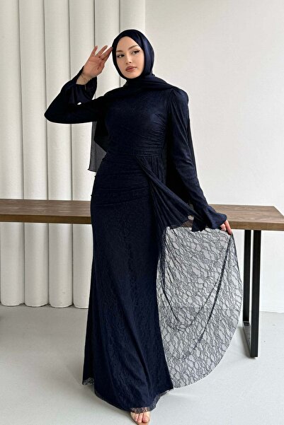 Modaensarbutik Elegance Dantel ve Volan Detaylı Tesettür Abiye-LACİVERT