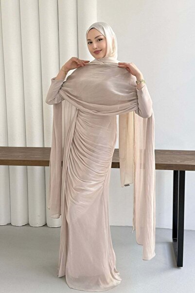 Modaensarbutik Royal İnci Fular & Şal Detaylı Tesettür Abiye-TAŞ