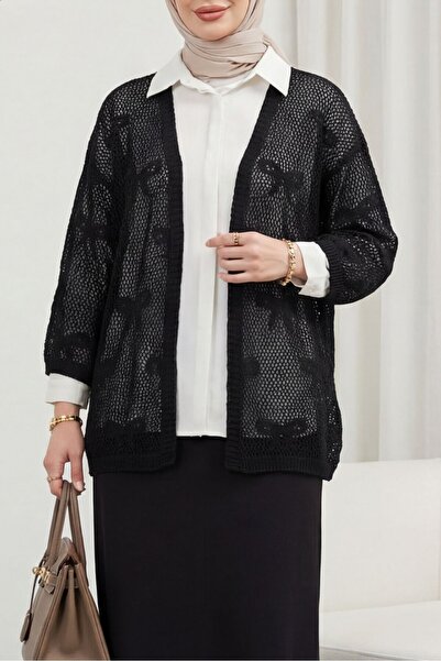 Modamorfo Bowknot Patterned Openwork Knitwear Cardigan - Black