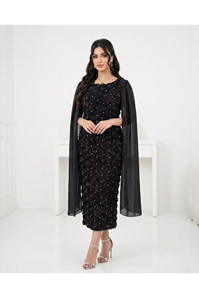 DAY BY DAY Black Evening Gown with Luxurious Embroidery and 3D Flowers, Embel...