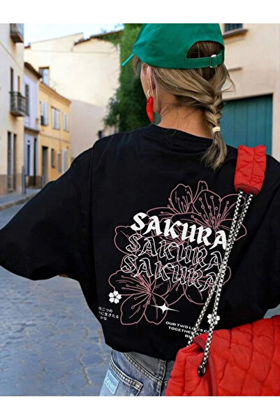 OWNME Tricou oversize pentru femei, cu imprimeu floral Sakura pe spate, 100% ...
