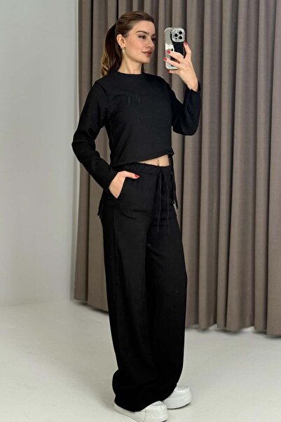 Raneel Kazançlı Alışveriş Women's black aerobin fabric suit with side tie detail