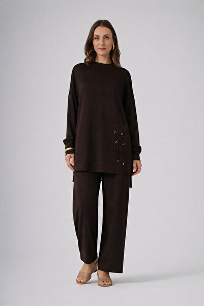 Nuss 1094 Bağcık Detaylı Tunik Takım - Kahve