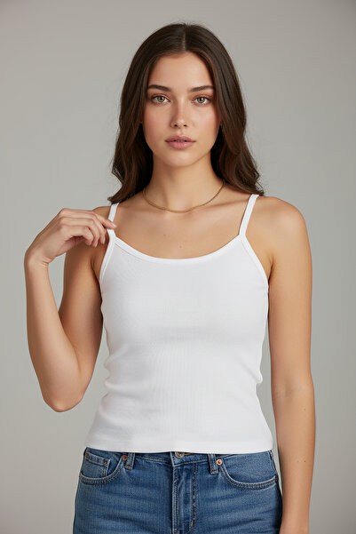 Anetos Women's Thin Strap Ribbed Basic White Undershirt Stretchy Fabric